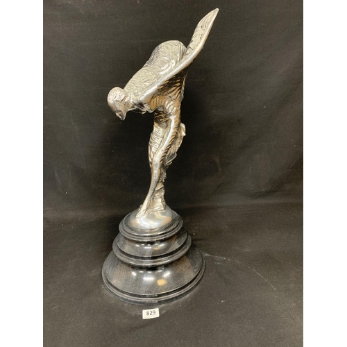 829 - Large Spirit of Ecstasy Rolls Royce Mascot Figure, Silver plated on grey marble base height  70 cms