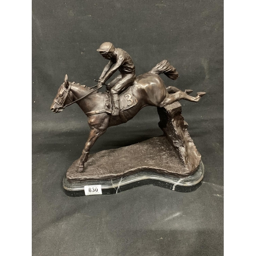 830 - Bronze horse and jockey figure on marble base