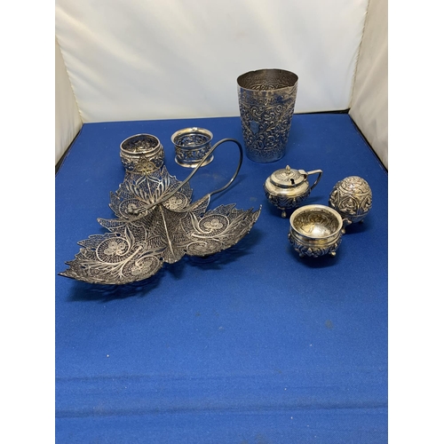 836 - White metal items: Filigree Bon-Bon, Cruet Set, Beaker and two napkin rings, total weight 12.7 ozt