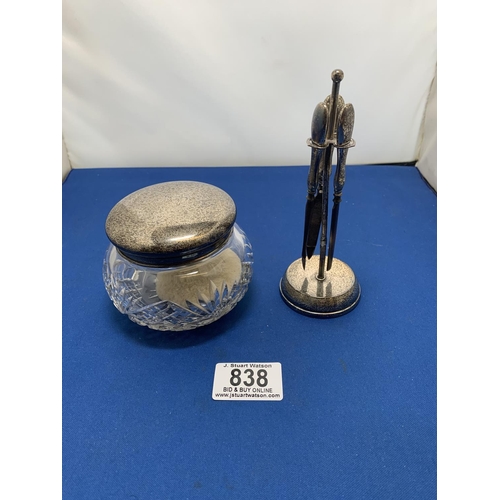 838 - Hallmarked Silver Top powder pot and three piece Silver handled manicure on stand