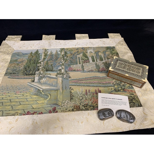 957 - Wall hanging tapestry 90 x 67 cms, bone inlaid box and two landscape stones