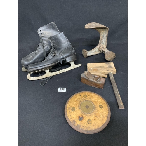 958 - Vintage Discus, ice skates, plane, clamp and shoe last