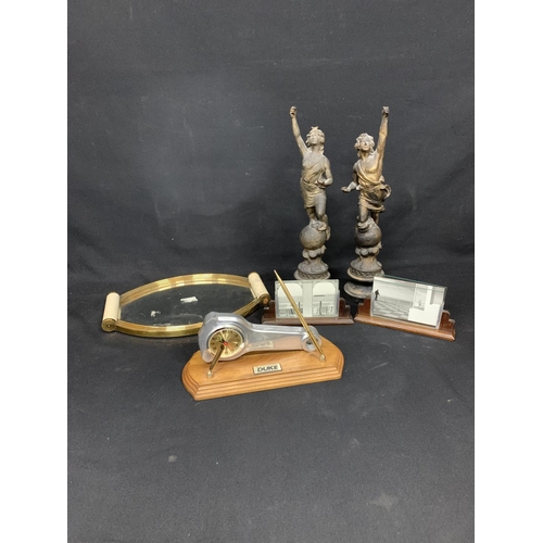 968 - Pair of Spelter figures, two oak frames, tray and novelty piston pen stand