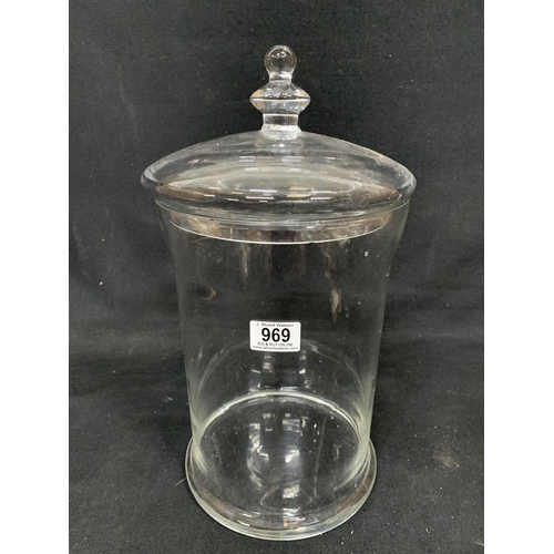 969 - Large glass jar and lid, height 42 cms