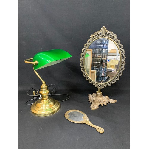 677 - Bankers lamp, ornate brass mirror and hand mirror