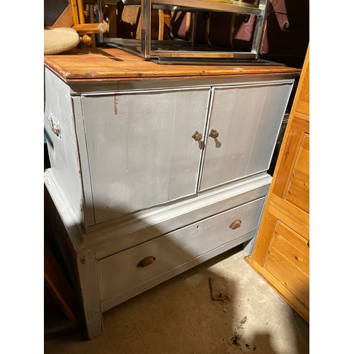 16 - A grey painted pine  mule chest / media cabinet 95x 55x102