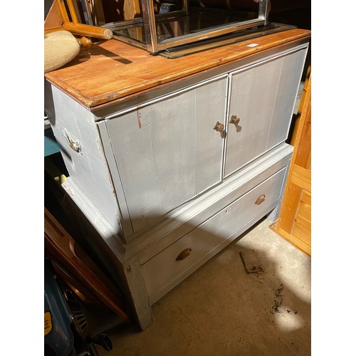 16 - A grey painted pine  mule chest / media cabinet 95x 55x102