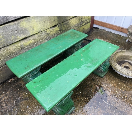 290B - A pair of green painted concrete garden bench seats