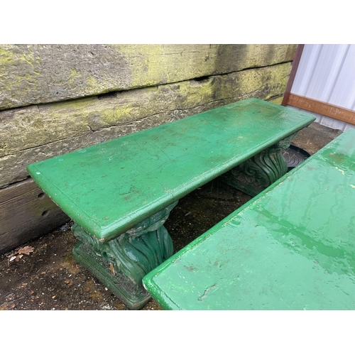 290B - A pair of green painted concrete garden bench seats