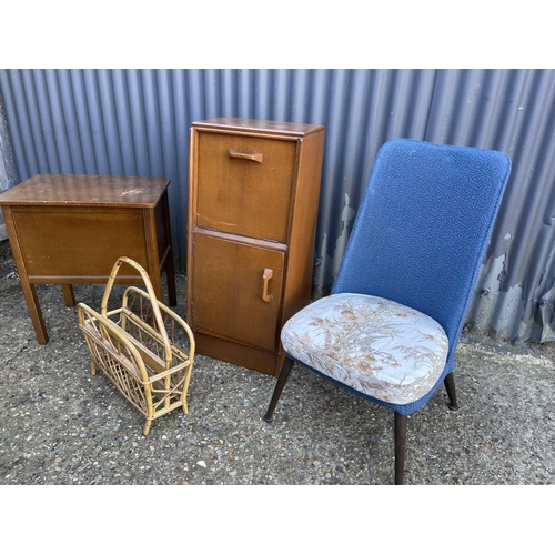 112 - A retro bedroom, chair, sewing box, magazine rack and oak bedside