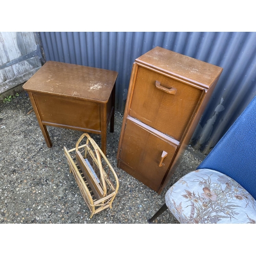 112 - A retro bedroom, chair, sewing box, magazine rack and oak bedside