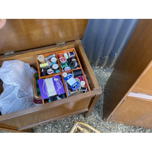 112 - A retro bedroom, chair, sewing box, magazine rack and oak bedside