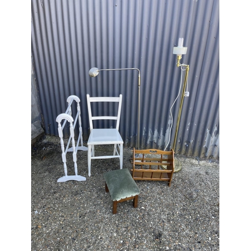 118 - Painted chair, airer, stool, rack and two floor lamps