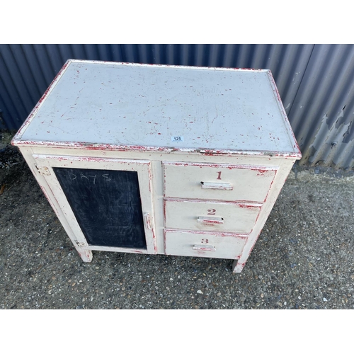 125 - A vintage white and red painted three drawer sideboard / cupboard 85x53x84