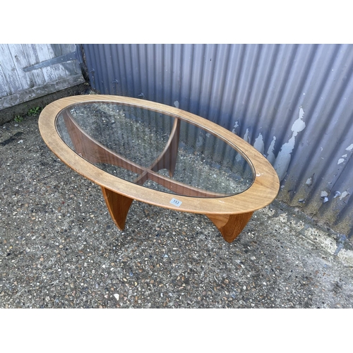 153 - A g plan teak oval coffee table with drop in glass top 125x65