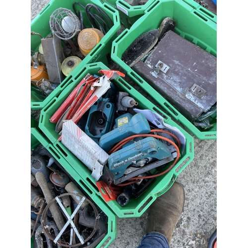 172 - Six green crates of assorted tools including black and decker and blow torches