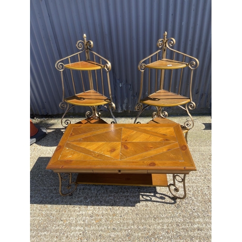 200 - A pair of iron framed corner whatnots together with matching coffee table