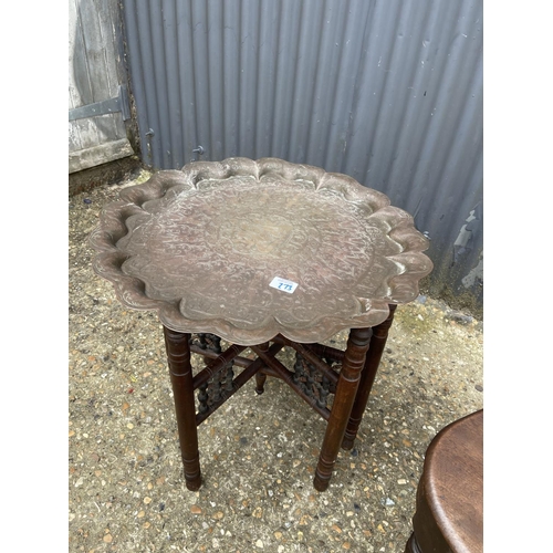 273 - A mahogany hall chair, a brass tray top table, a brass bucket and a brass companion set