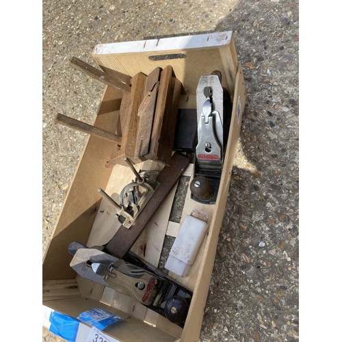 328 - Box of wood working tools including two USLUCK planes