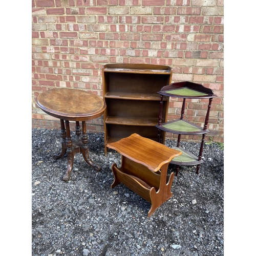 33 - A Victorian table, bookcase, whatnot and magazine rack