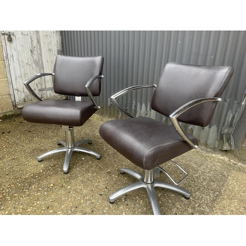 350c - A pair of chrome and brown leather barber shop chairs