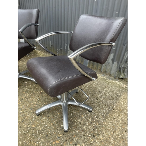 350c - A pair of chrome and brown leather barber shop chairs