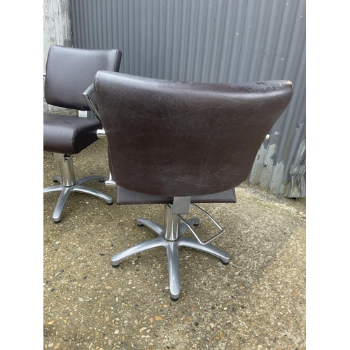 350c - A pair of chrome and brown leather barber shop chairs