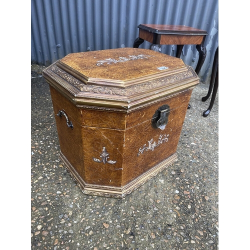 350g - An ornate log box / trunk together with a pair of reproduction mahogany side tables