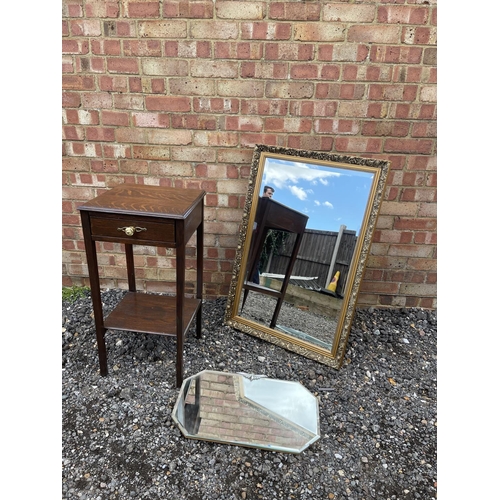 49 - An oak single drawer table, large gilt mirror and deco style frameless mirror