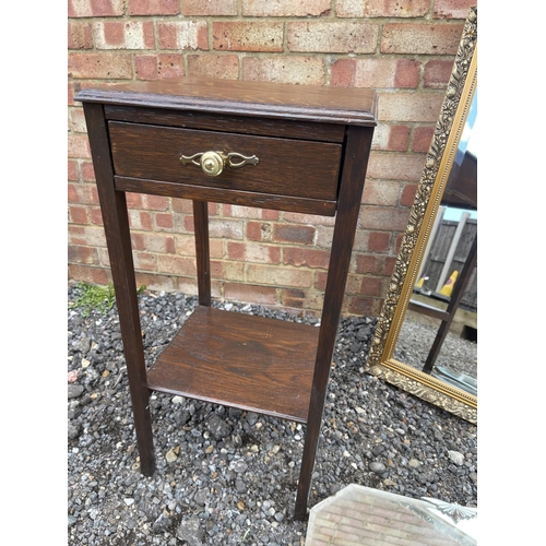 49 - An oak single drawer table, large gilt mirror and deco style frameless mirror