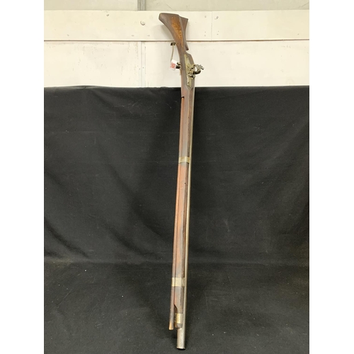 528 - Vintage wood and metal reproduction of a Flintlock Long rifle 149cms long