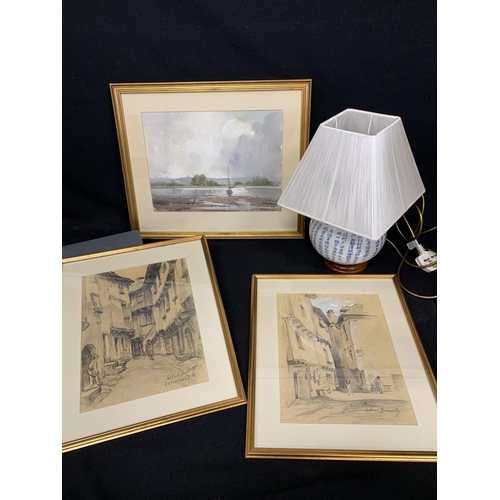 533 - Oriental style table lamp and shade, 2 drawings and a Watercolour