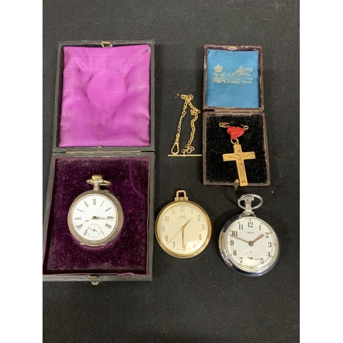 538 - Antique Silver Pocket Watch in case a/f, two other watches and cross