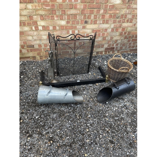 55 - Fire guard, fender, fire irons, basket and two coal scuttles