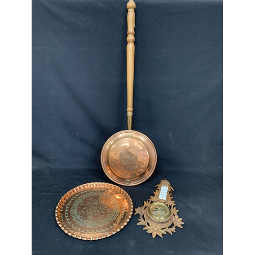 560 - Copper warming pan and tray and carved wooden barometer