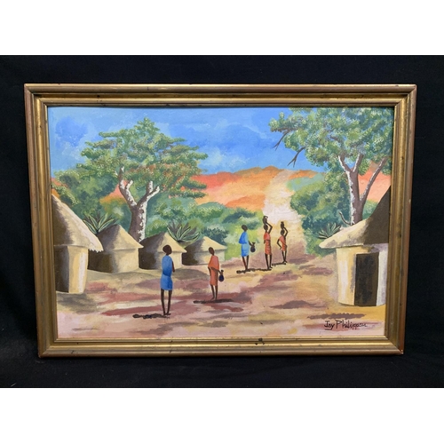 601 - Framed oil on board, African scene by Joy Philippou 98 x 72cms