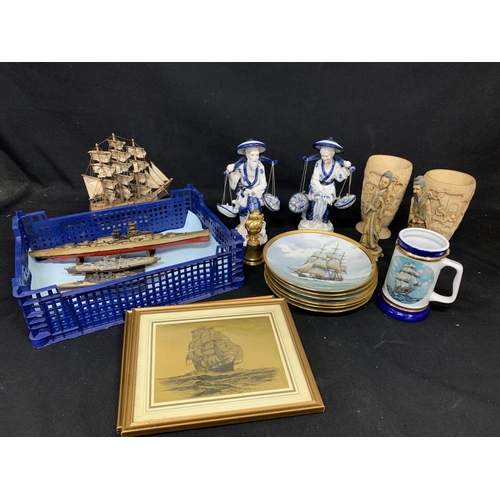 612 - Pair blue and white fisherman, oriental style resin vases and figures, model ships and ship plates