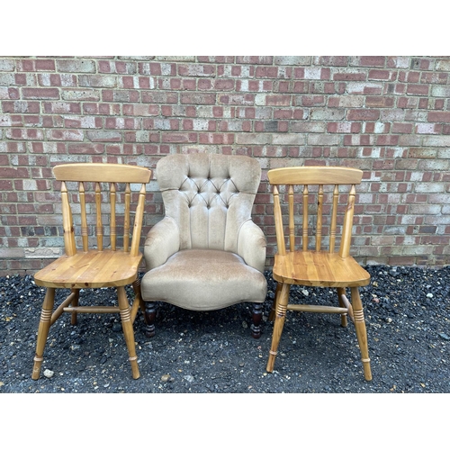 72 - A gold bedroom chair and and two pine chairs