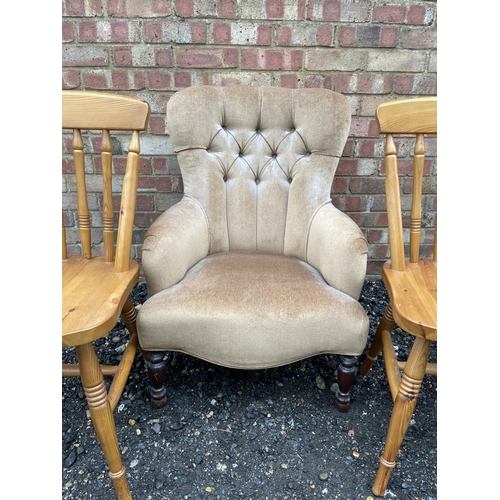 72 - A gold bedroom chair and and two pine chairs