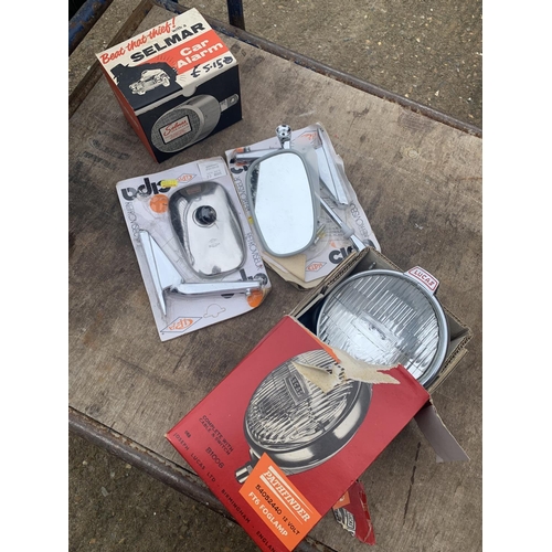 851 - Boxed Lucas pathfinder fog lamp, pair of chrome wing mirrors and Selmar car alarm