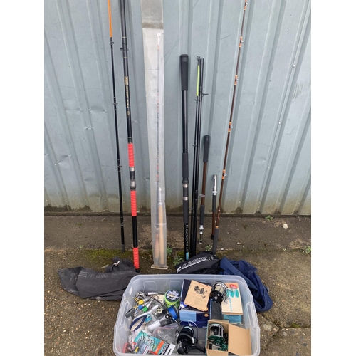 854 - Four fishing rods, four reels & tackle including boxed Penn Surfmaster reel