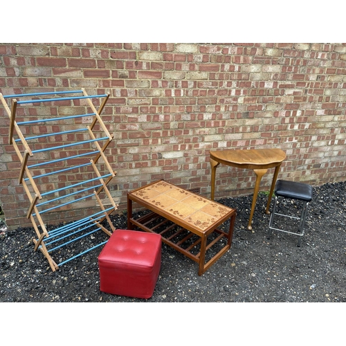 88 - A retro tile top coffee table, two stools, hall table and airer