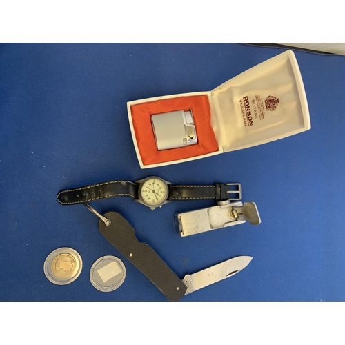 916 - British Rail knife, Ronson lighter, watch and 1773 Spanish Silver Coin