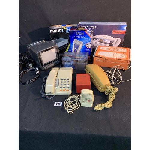 948 - Two retro Phones, portable TV,  vintage microphone and other electricals