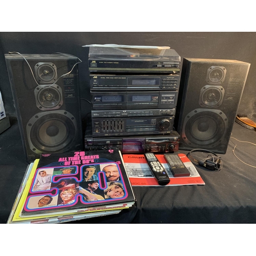 952 - JVC stack system and pair of JVC speakers, Grundig CD Player and records