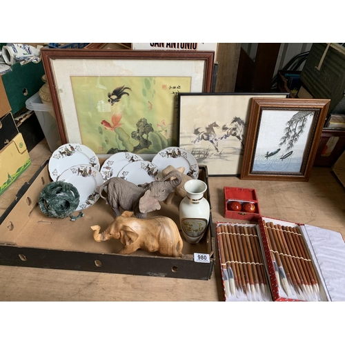 980 - Oriental pictures, plates, Chinese brushe, worry balls and elephants