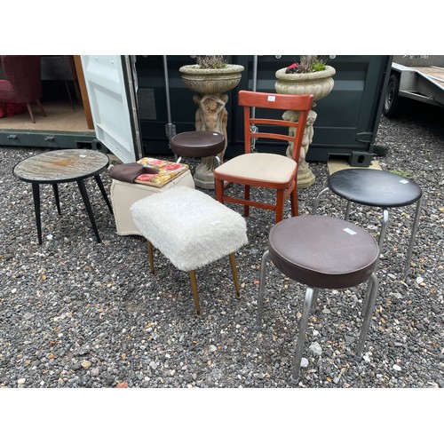 34 - Four retro stools, retro table, linen box and chair