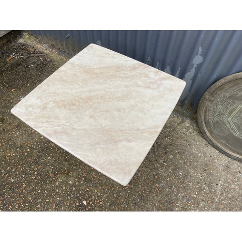 280 - A marble effect square form occasional table, together with a brass tray