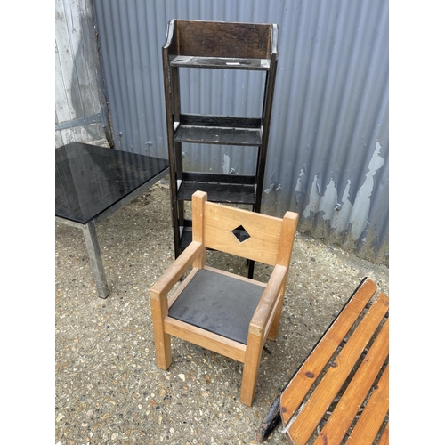 107 - Small oak bookcase, child chair, glass top table, sledge