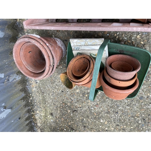 11 - A large tray of assorted terracotta pots and trug of pots and tiles